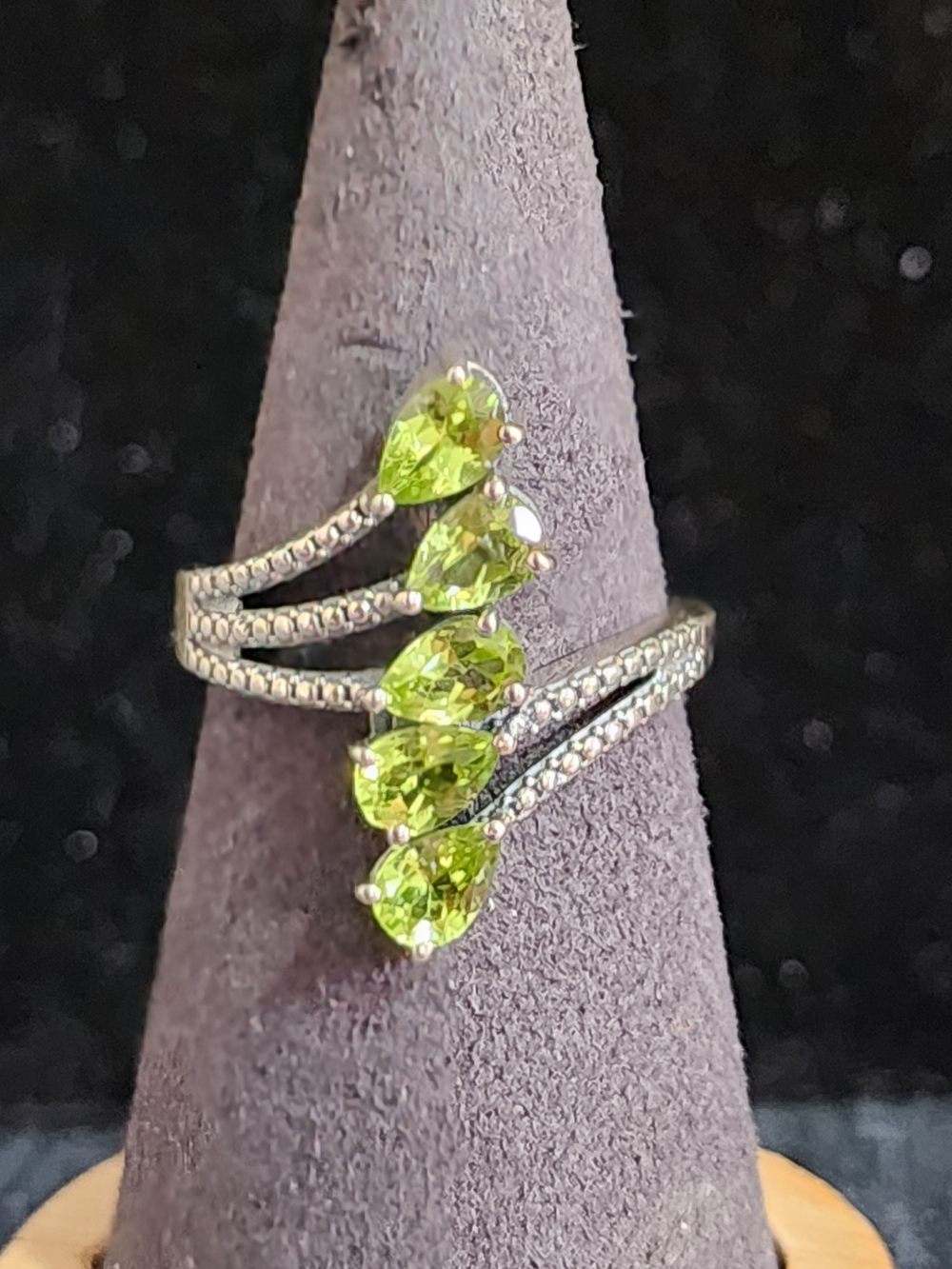 925 Sterling Silver Peridot Bypass Ring Cluster 5 Stone Pear Cut Teardrop Green